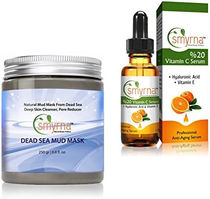 Smyrna Dead Sea Mud Mask For Face and Body 8.8 oz / 250g - 100% NATURAL and ORGANIC Deep Skin Cleanser, Pore Reducer. Premium SPA Quality.With 20% VITAMIN C ANTI-AGING HYALURONIC ACID SERUM