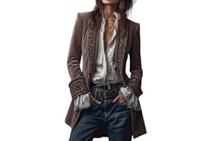 Women's Vintage Navy Polyester Velvet Embroidered Long Jacket, Solid V-Neck Retro Boho Blouse Top Velvet Blazer Vintage