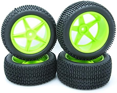 Front and Rear Rubber Tires 5 Spokes Green Plastic Wheel Rim for RC 1/10 Off-Road Buggy Pack of 4 Pcs