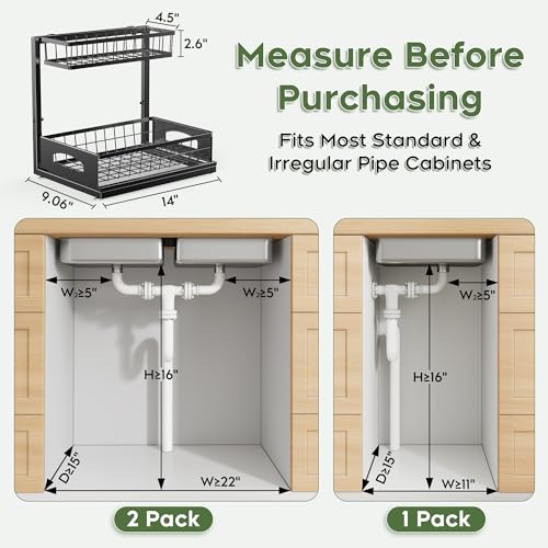 Fabutier Under Sink Organizer, 2 Pack Cabinet Organizer for Kitchen, Height Adjustable Pull Out Heavy Duty 2 Tier Metal Under Sink Storage for Bathroom Pantry (Black, 2 Pack)