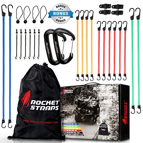ROCKET STRAPS | (30) PC Bungee Cords with Hooks | Bungee Cord Assortment Includes | Tie Downs | Ball Bungees | Carrying Bag