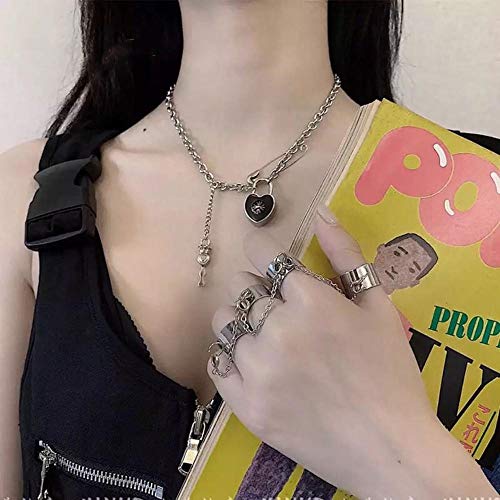 H.D.S.N. Punk Multi Layer Chain Finger Rings Adjustable Stackable Vintage Silver Punk Statement Ring for Women Girls