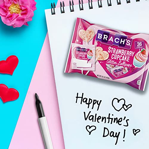 BRACH’S VALENTINE’S DAY STRAWBERRY CUPCAKE GLITTER LOLLIPOP CANDY, FRIENDSHIP EXCHANGE, 36 CT BAG