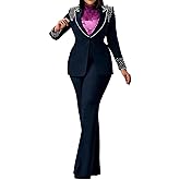 Tcremisa Womens Fashion Pants Suit 2 Piece Business Outfits Pearls Long Sleeve Blazer and Slim Fit Pants Sets