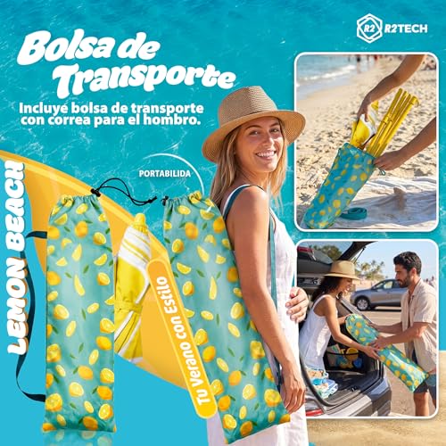 R2TECH® Super Pack Folding Beach Umbrella | Parasol with Height 210 cm and Diameter 160 cm | Compact Umbrella for Suitcase | Summer Protection 2 Seater UPF 50+ | Pole Aluminium Yellow 109C