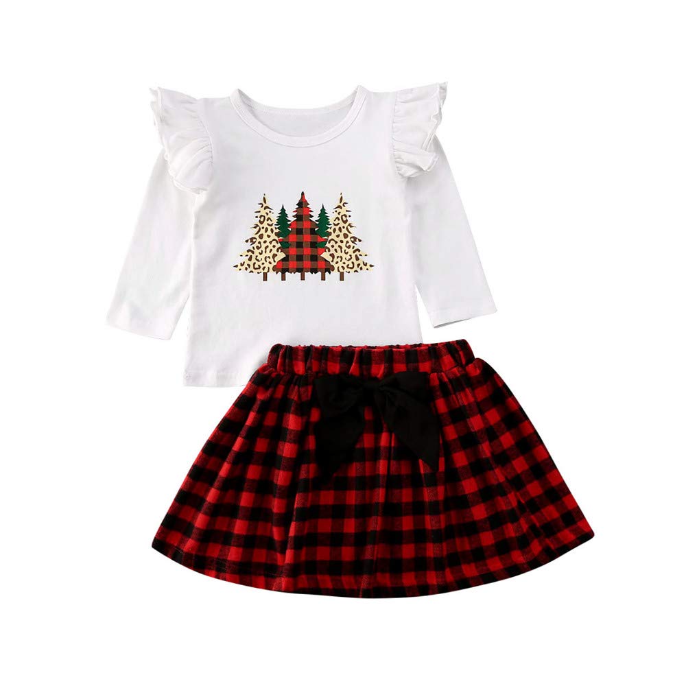 Christmas Toddler Baby Girl Matching Outfit Long Sleeve Ruffle Romper T Shirt+Plaid Skirt Outfits Sister Clothing Sets