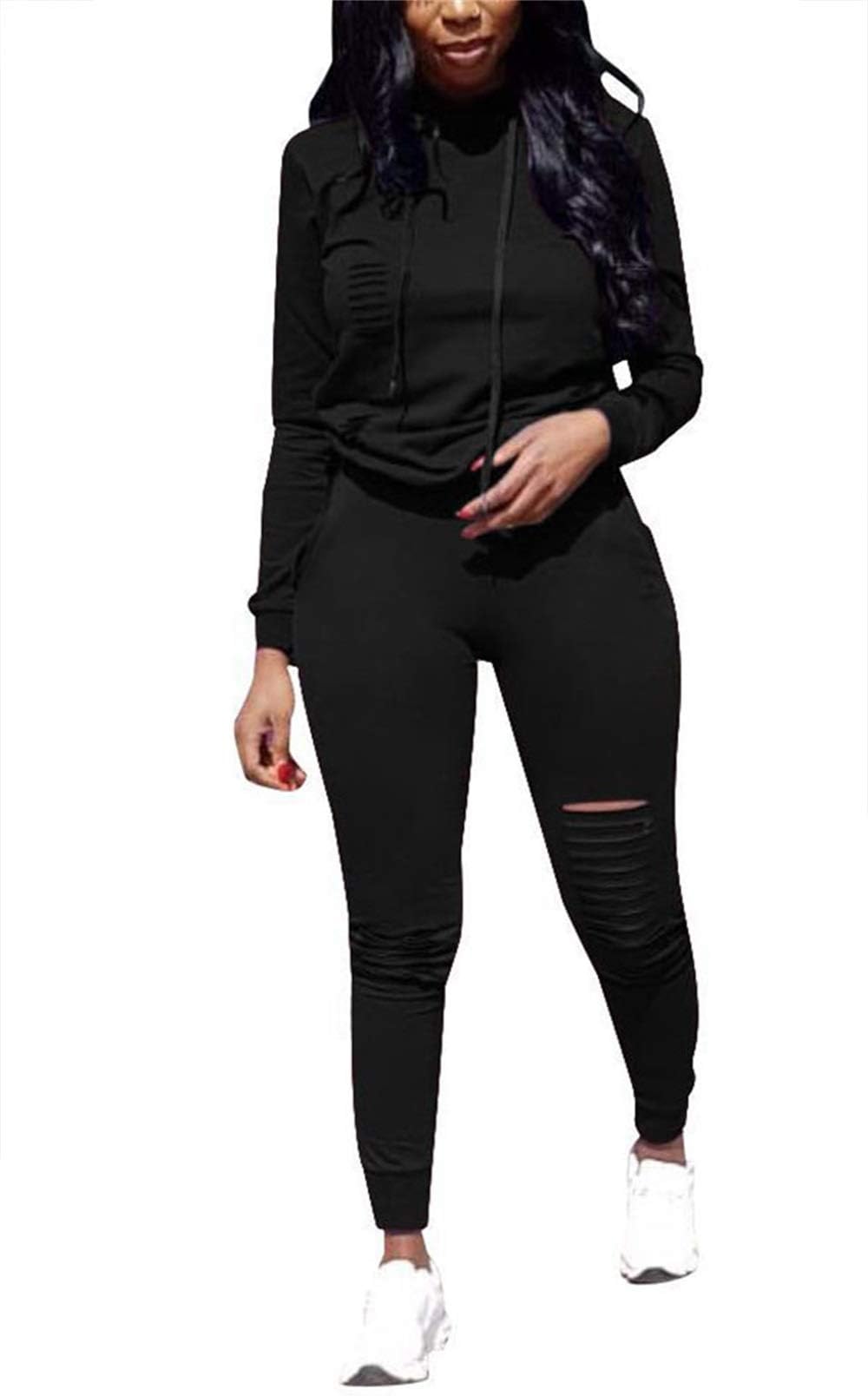 EOSIEDUR Women's 2 Piece Athletic Outfits Long Sleeve Ripped Pullover Hoodie - Bodycon Joggers Pants Sets