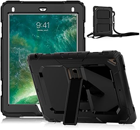 iPad 9.7 2018 Case,iPad 6th Generation Case, [Heavy Duty] Drop proof Shockproof Protective Rugged Cover with Kickstand &amp; Shoulder Strap for iPad (6th generation) 9.7 inch (A1893/A1954) (Black)