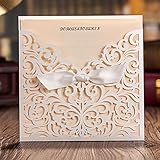 Wishmade 50x White Square Laser Cut Tri-fold Lace Wedding Invitations Cards with Bow Hollow Favors Invitations for Engagement Baby Shower Birthday Quinceanera(set of 50pcs) CW5002