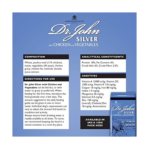 Dr John Silver Dry Dog Food 15kg - Chicken with Vegetables - Complete Dog Biscuits 15kg - Senior and Adult Dog Food for…