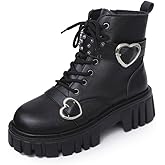 Women's Lace Up Chunky Casual Ankle Combat Boots with Heart Buckle Side Zipper Non-Slip Waterproof Goth Punk Platform Boots