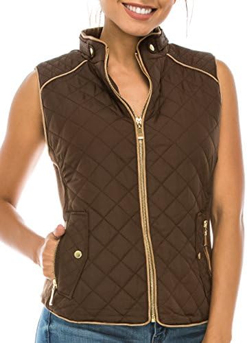 coul J WO902 Women's Quilted Padding Vest w/ Suede Piping Details &amp; Pockets (New Brown_Large)