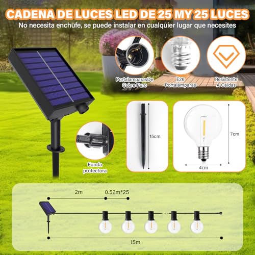 KIROGILY Luces para Exterior Jardin G40 de 15m 25+1,Guirnalda de Luces para Exterior Inastillables Alto Brillo, Focos para Exterior Impermeable IP65 Solares, para Decoracion Halloween Navidad