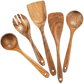 Wooden Cooking Utensils for Kitchen, Organic Wooden Spoons For Cooking Tools for Nonstick Cookware,100% Handmade By Natural Teak Wood Without Any Painting,Set of 5