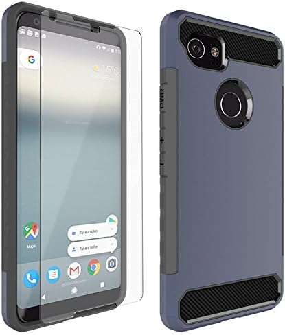 Google Pixel 2 XL Case [Carbon Fiber] &amp; Screen Protector Glass, Protective Kit Bundled with [Tempered Glass Screen Protector], Hybrid Armor Defender Case Cover for Google Pixel 2 XL-Blue