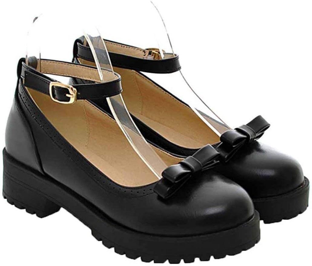 Women Ankle Strap Mary Jane Shoes Sweet Bowknot Round Toe Pumps Autumn