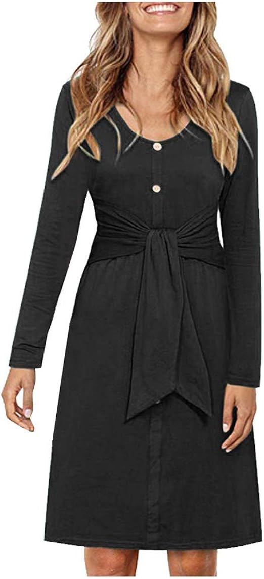 KEYIA Women's Casual Solid Skirt Long Sleeve Wrap V-Neck Button with Belt Ruffle Dress : Amazon 