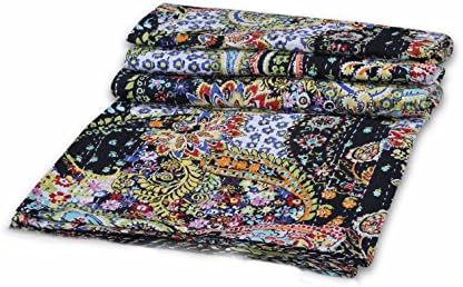 Indian Handmade Twin Size Cotton Kantha Quit Throw Blanket Bedspread Gudari (Black)