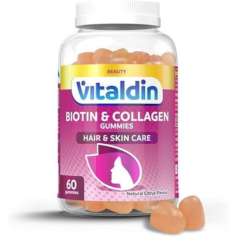 VITALDIN Biotin & Collagen Gummies – Beauty Supplement – 2500 mcg Biotin, 100 mg Collagen, Vitamins C + E – 60 Chewable Gummies (1 Month Supply), Citrus Flavour – Hair & Skin Support – Gluten Free