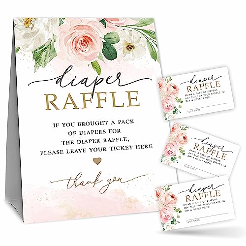Diaper Raffle Set For Baby Shower - Blush Floral Theme - 1 Standing Sign & 50 Diaper Raffle Tickets，Gender Reveal, Baby Announcement Party Decorations & Supplies - NBK - A05