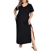 RITERA Plus Size Dresses for Women V Neck Casual Loose Pocket Short Sleeve Slits Maxi T Shirt Dress Summer Sundress XL-5XL