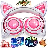 iGeeKid [Upgraded Version] Cat Ear Kids Headphones Rechargeable LED Light Up Foldable Over Ear Headphones Headsets for Girls Boys,Compatible for iPad,Kids Tablet,Kids Wearable Musical Device(New Pink)