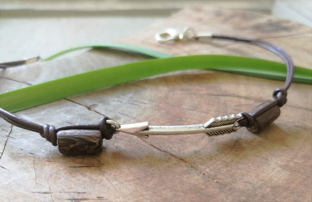 Arrow Mens Anklet, Men's Natural Leather Ankle Bracelet with Wooden Beads