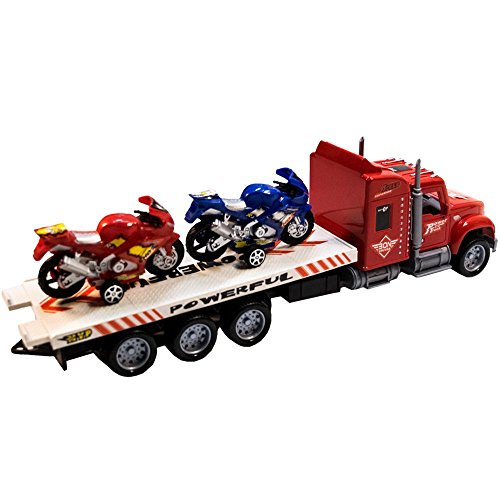 TukTek Kids First Semi Truck Toy Flatbed w/ 2 Motorcycles Street Bikes Friction Push Tractor for Boys & Girls