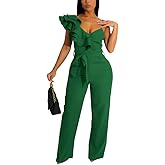 HBQ Womens Casual One Piece Jumpsuits V-Neck Sleeveless Ruffle Elegant Romper Wide Leg Pant Sexy Party Clubwear Overalls