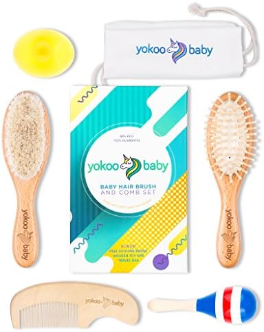 6 Piece Premium Quality Wooden Baby Hair Brush and Comb Set Made with Natural Goat Hair by Yokoo Baby | Bonus Free Travel Bag + Baby Silicone Bath Brush + Baby Rattle Toy | Prevents Cradle Cap