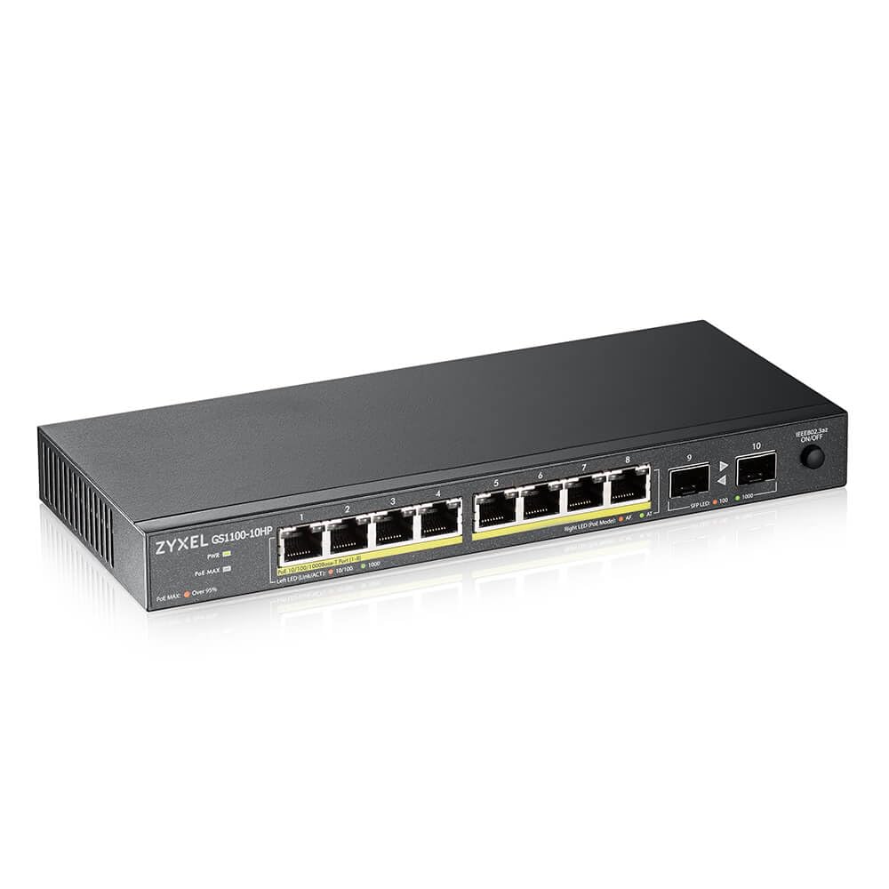 Zyxel 10-Port Gigabit Unmanged PoE+ Switch [8-Ports with 130 watt Budget] - Fanless Design [GS1100-10HP-GB0101F]