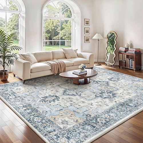 GENIMO Vintage Teppich Blau, Waschbar fürs Wohnzimmer, 300x400 cm