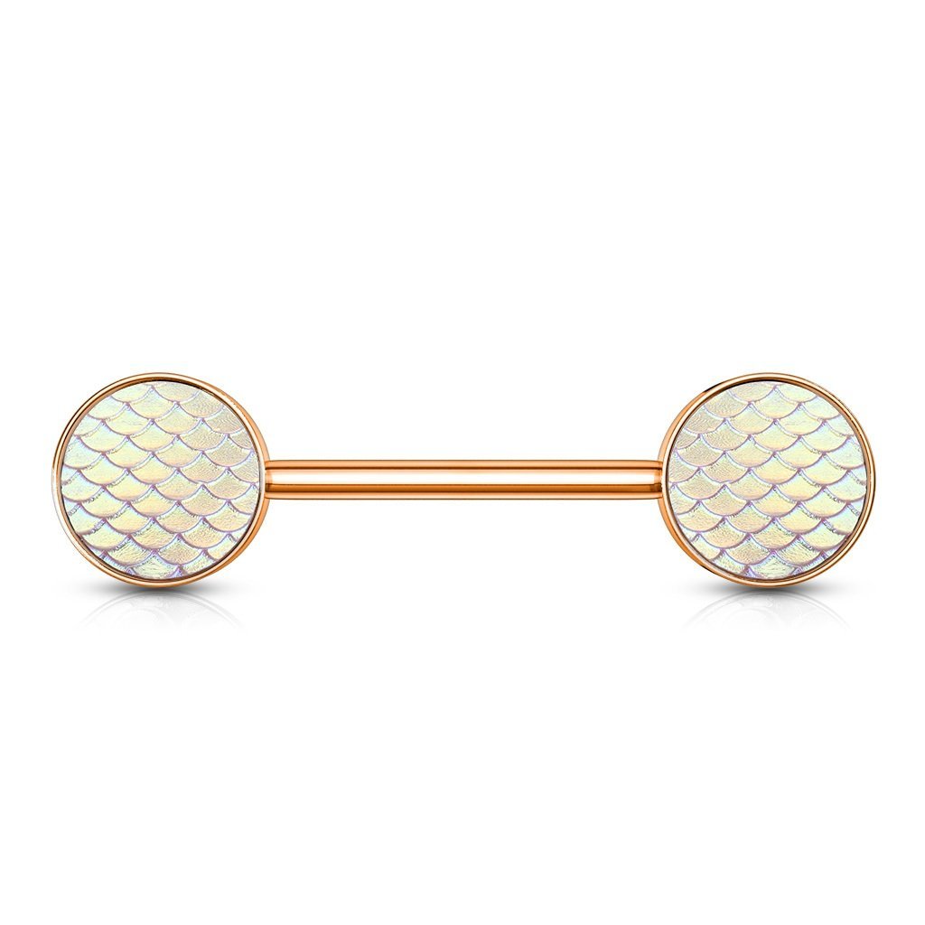 PiercedOff Rose Gold Tone IP over 316L Surgical Steel 1.6mm Nipple Bar with Pink Holographic Dragon Scales - Bar Length 14mm