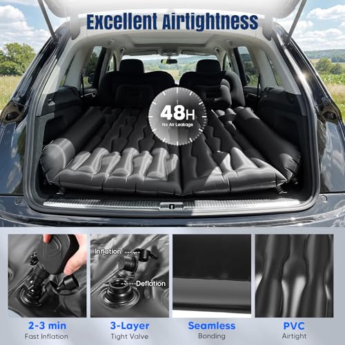 Inflatable Car Mattress, Camping SUV Mattress for Boot and Rear Bench, 12V Pump Included + 2 Pillows, 2 Fillers, Soft Waterproof Flocked Surface, Suitable for Car RV MPV Van