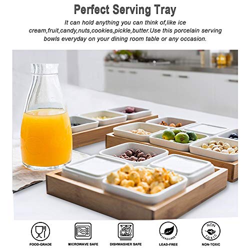 Ceramic Snack Serving Tray, 4-Compartment Tray Serving Platter with Bamboo Lid and Pallets,Moisture-proof Bowls for Food,Snacks,Condiments, Appetizers(White)