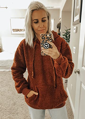 KIRUNDO WOMEN’S 2025 WINTER FUZZY FLEECE HOODIES SWEATSHIRTS CASUAL LONG SLEEVES SHAGGY SHERPA PULLOVER WITH POCKETS(SMALL, BROWN)