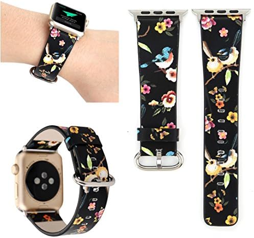 Leather Band For Apple Watch 42MM, YXIM(TM) Cartoon Cute Flower Floral Bird PU Leather Bracelet Adjustable Replacement Strap (Black 42MM)