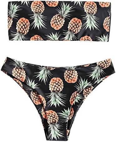 GAMISS Women's Strapless Pineapple Print High Cut Bandeau Bralette Bikini Set