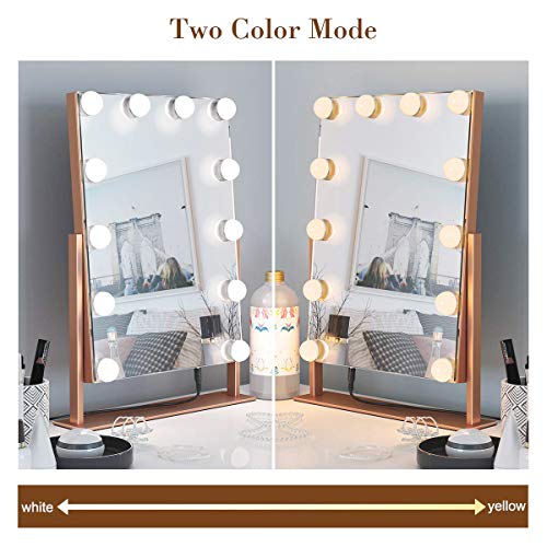 Ovonni Lighted Vanity Hollywood Makeup Mirror, Dimmable 360°Rotating Double-sided Tabletop Cosmetic Mirror with 12 LED Bulbs, Two Color Light Touch Control Memory Mode and Plug Powered, Rose gold