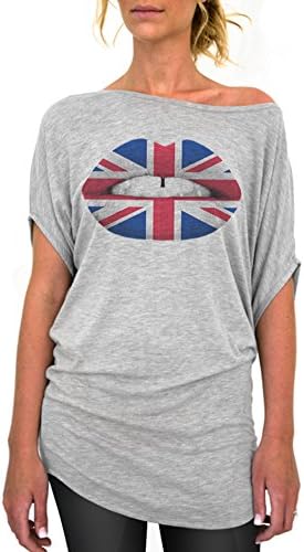 Dentz Design UK, British Flag Lips Kiss Standard Slouchy Tee - Large Gray Red and Blue Print