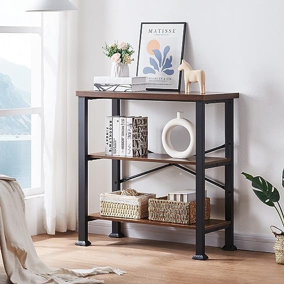 Photo 1 of 3-Tier Vintage Industrial Book Shelf, Rustic Wood and Metal Bookcase and Bookshelves, Free Standing Storage Small Bookshelf for Living Room, Bedroom and Kitchen, Grey