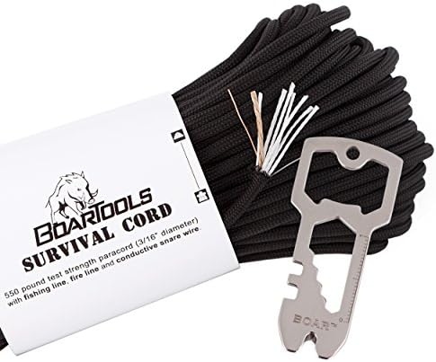 100' Survival Cord Paracord bundle by Boar Tools | FREE 13-in-1 KEYCHAIN TOOL included in bundle | Multi-use 550 mil spec paracord includes FISHING LINE, FIRE LINE and SNARE WIRE (Black)