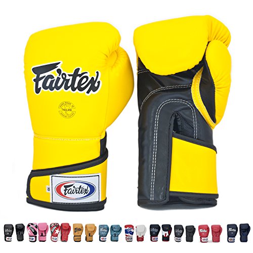 Fairtex Gloves Muay Thai Boxing Sparring BGV1 Size 8, 10, 12, 14, 16 oz in Black, Blue, Red, White, Pink, Yellow, Classic Brown, Emerald Green, Thai Pride, US, Nation, F-Day, Falcon, Breathable and more (BGV6 Yellow/Black,16 oz)