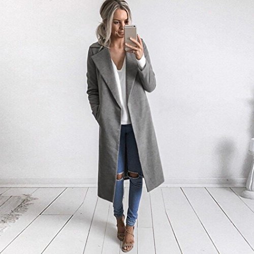 Hot Sale! Napoo Women Long Coat Winter Lapel Parka Jacket Solid Cardigan Overcoat Outwear (L, Gray)