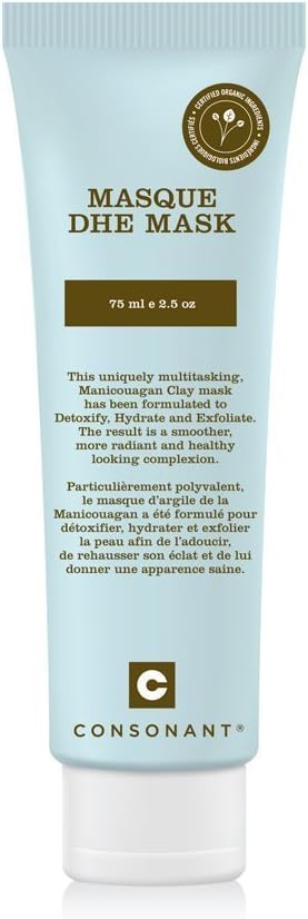 Consonant Skincare Detoxifying DHE Mask, 100% Natural, Hydrates and Exfoliates With Age-Defying Manicouagan Clay, Willow Bark, Tea Tree Extracts, Cassia, Sea Buckthorn and Vitamin E (75 ml / 4 oz)