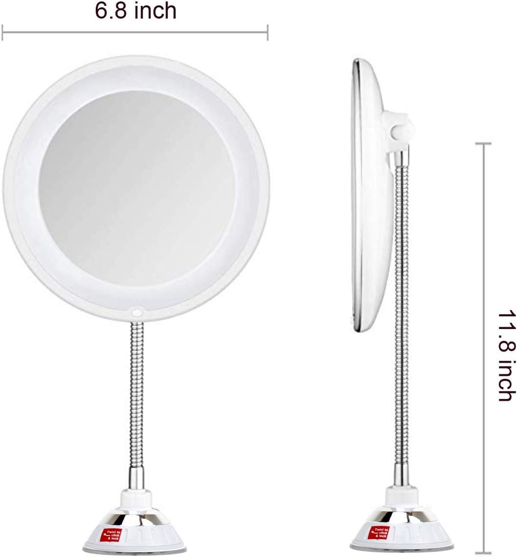 Updated 2020 Version 10X Magnifying Mirror With Light,Lighted 10X Magnifying Makeup Mirror With Light Poweful Suction Cup,360°Rotation Flexible Gooseneck Led Lighted Makeup Mirror For Bedroom Bathroom: Kitchen & Dining