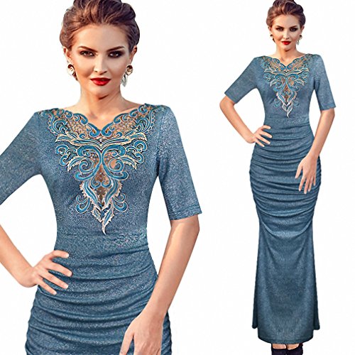 Womens Elegant Glitter Applique Embroidery Hollow Out V-Neck Ruched Maxi Long Party Braidsmaid Evening Formal Dress Blue XL