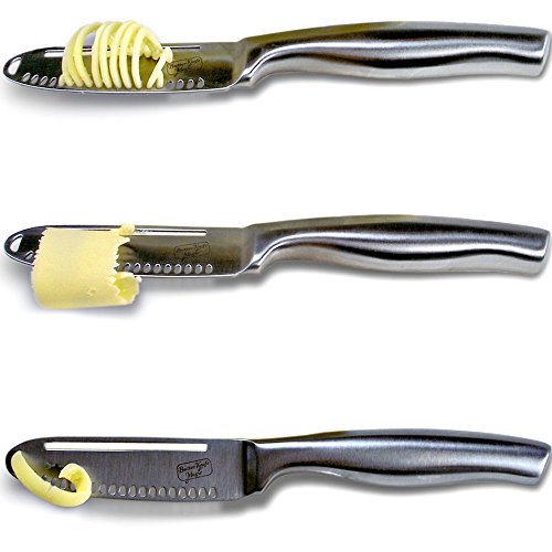 Butter Knife Magic, 3-in-1 Spreader, Grater, Slicer, Curler, 304SS Stainless Steel with Brushed Metal Finish. Create Spreadable Butter Ribbons and Slices. Stop Tearing Your Bread. Makes a Great Gift. Home & Kitchen, Kitchen & Dining, Dining & Entertaining, Flatware, Knives, Butter Spreaders