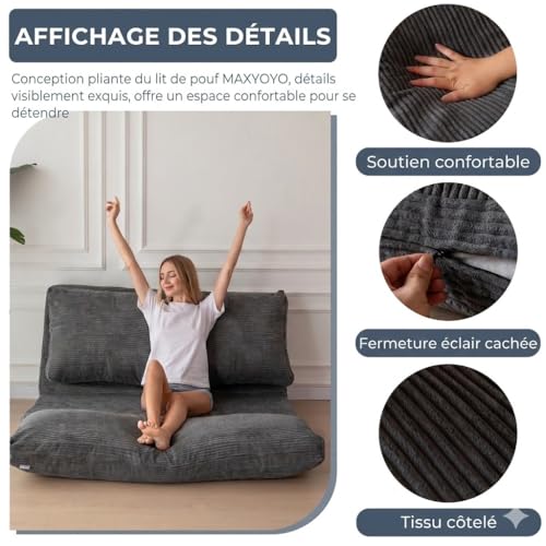 MAXYOYO Folding Bean Bag Chair with Foam Padding, Extra Thick 4 Layers, Mattress/Floor Sofa for Adults, Removable and Machine Washable Cover, Charcoal, 135 x 240 cm