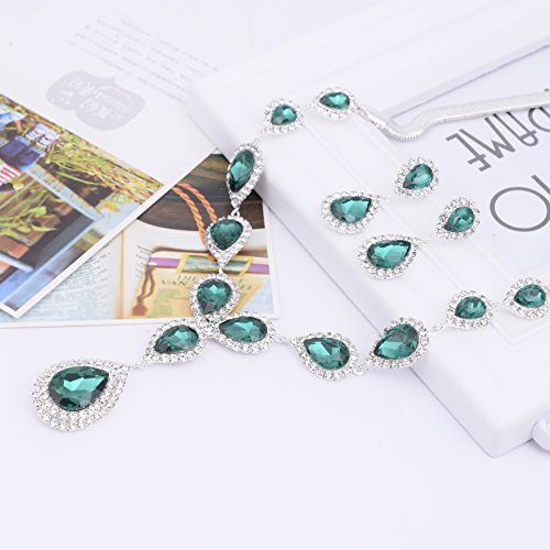 Paxuan Womens Silver Plated Teardrop Green Crystal Wedding Bridal Jewelry Set Teardrop Pendant Necklace Drop Dangle Earrings Set
